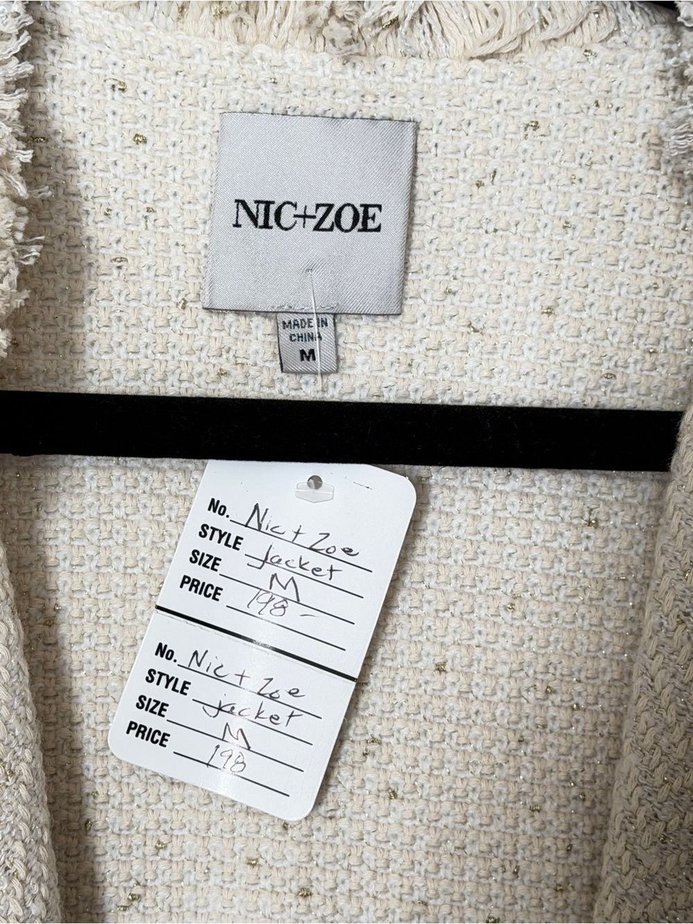 NIC+ZOE Cream Fringe Open Front Tweed Knit Jacket Medium Metallic Zip Pockets - Picture 4 of 8